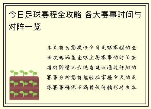 今日足球赛程全攻略 各大赛事时间与对阵一览