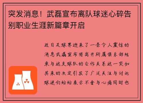 突发消息!武磊宣布离队球迷心碎告别职业生涯新篇章开启 突发消息!武磊宣布离队球迷心碎告别职业生涯新篇章开启