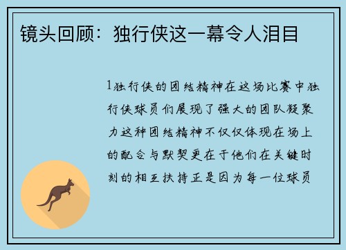 镜头回顾：独行侠这一幕令人泪目
