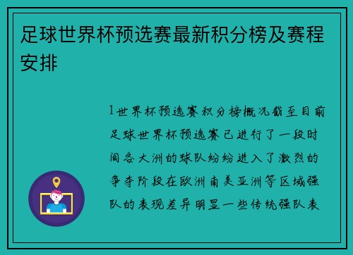 足球世界杯预选赛最新积分榜及赛程安排